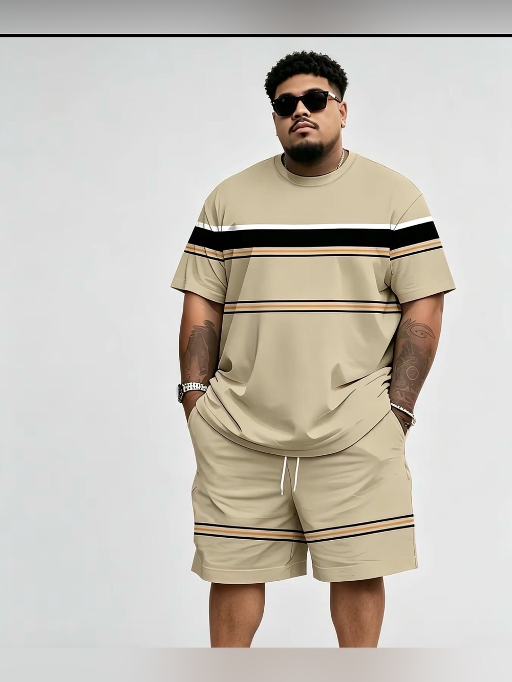 Men’s 4XL 2 Piece Striped Shirt Shorts Set Tan Black Casual Outfit NWOT